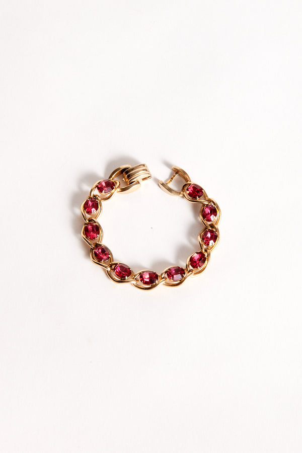 1950s Pink Rhinestone Gold Link Chain Bracelet