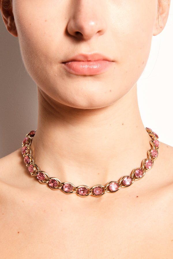 1950s Pink Rhinestone Gold Chain Necklace