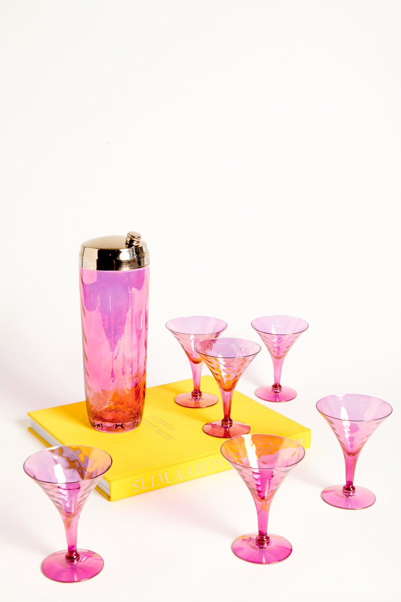 Rare Iridescent Pink Ripple Glass Martini Set of Seven Pieces