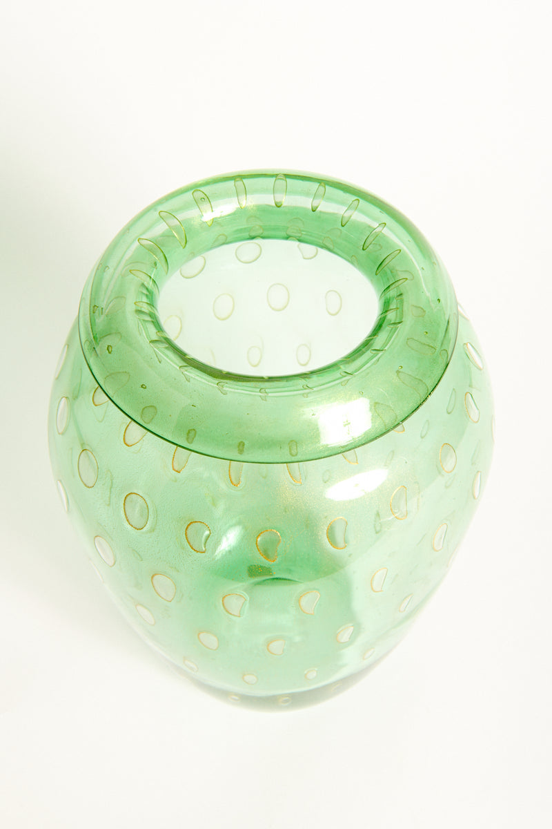 Italian Murano Sheer Green Bubble Glass Vase