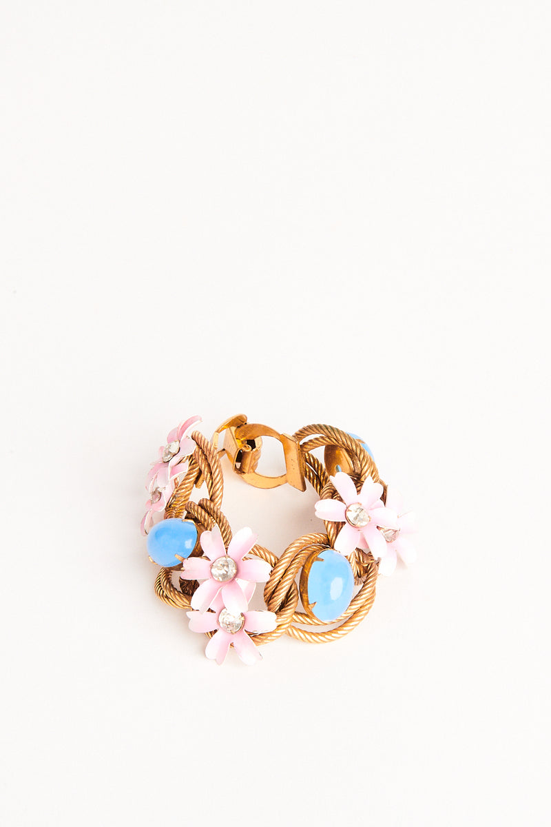 1950s Enamel Pink Daisy, Blue Cabochon and Rope Link Bracelet