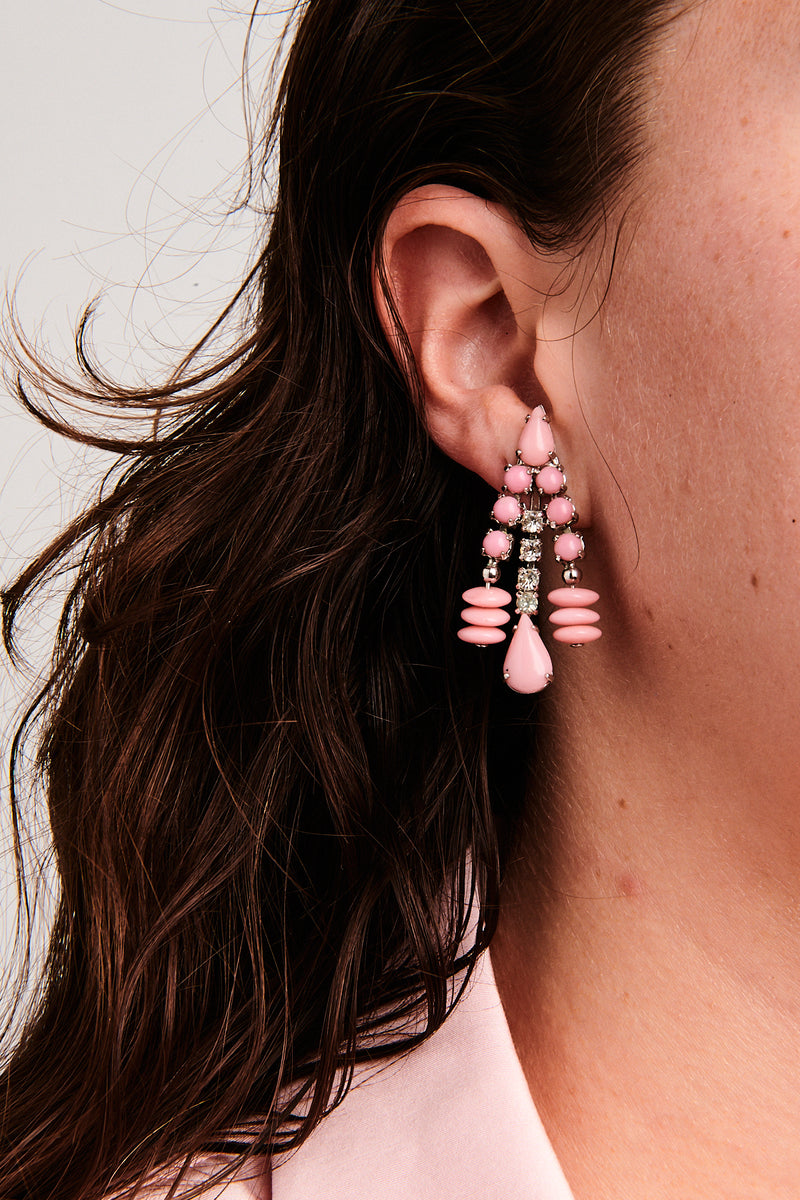 Diamanté/Matte Pink Stone Chandelier Clip Earrings
