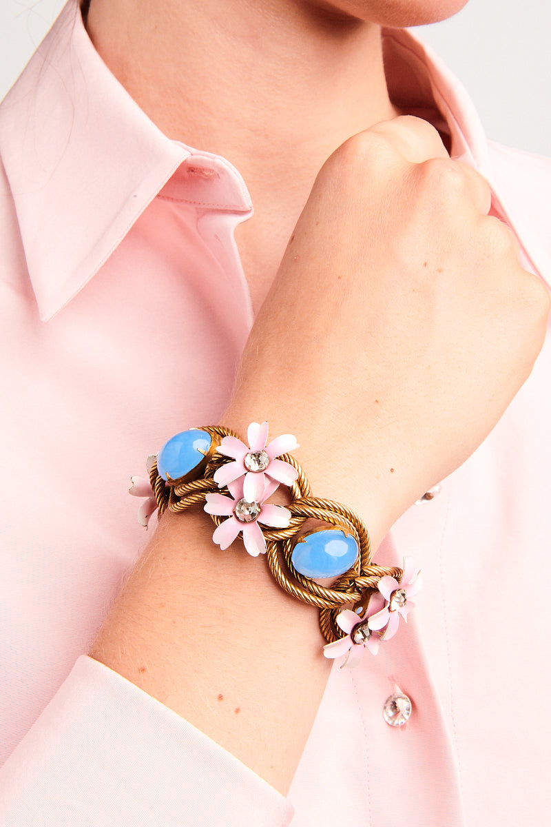 1950s Enamel Pink Daisy, Blue Cabochon and Rope Link Bracelet
