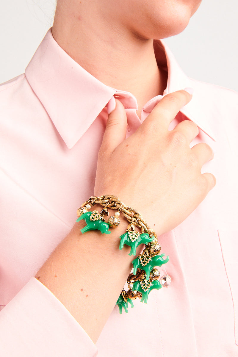 Green Glass Elephant Charm Bracelet