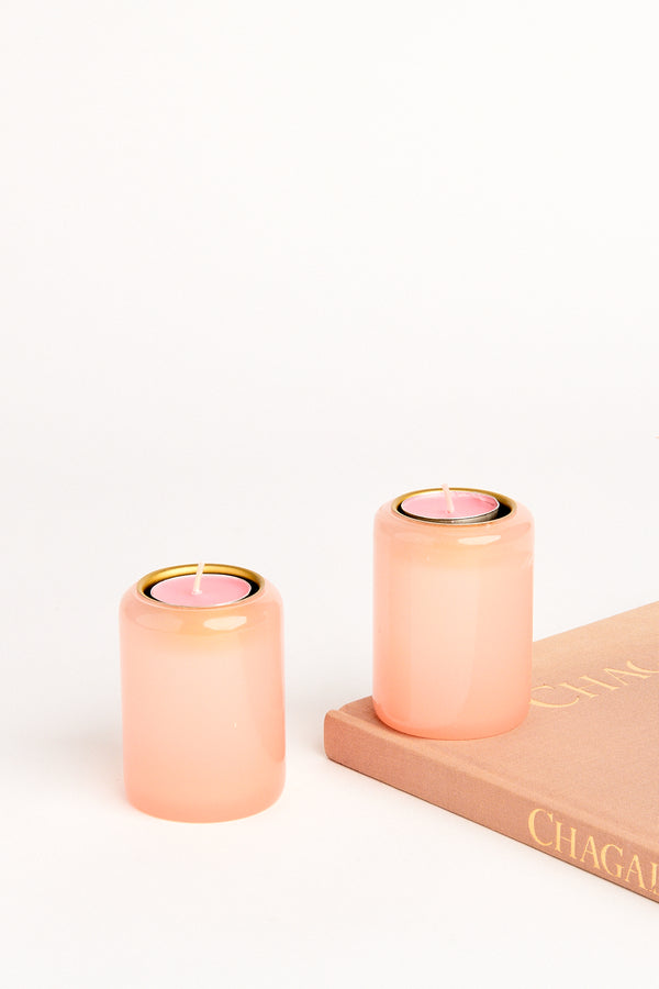 Murano Peach Pink Glass Candle Holder Set of Two