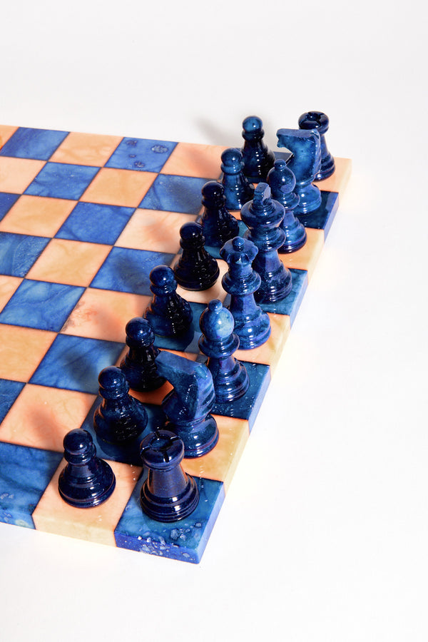Italian Lapis Blue/Peach Large Alabaster Chess Set