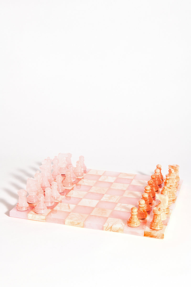 Italian Pale Pink/Peach Large Alabaster Chess Set
