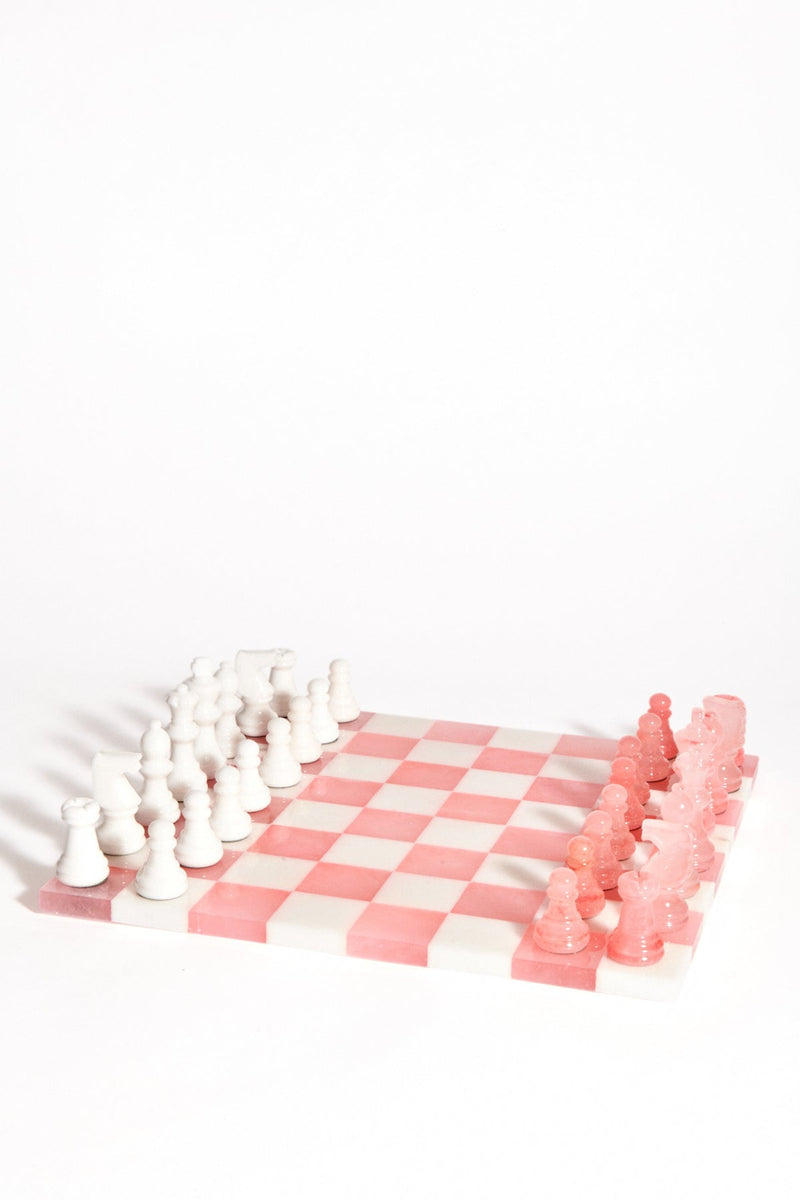 Rose Pink/White Italian Alabaster Large Chess Set
