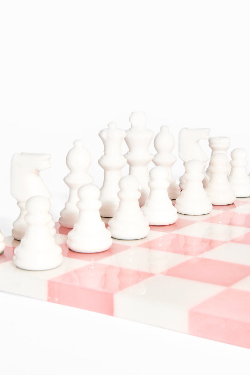Rose Pink/White Italian Alabaster Large Chess Set