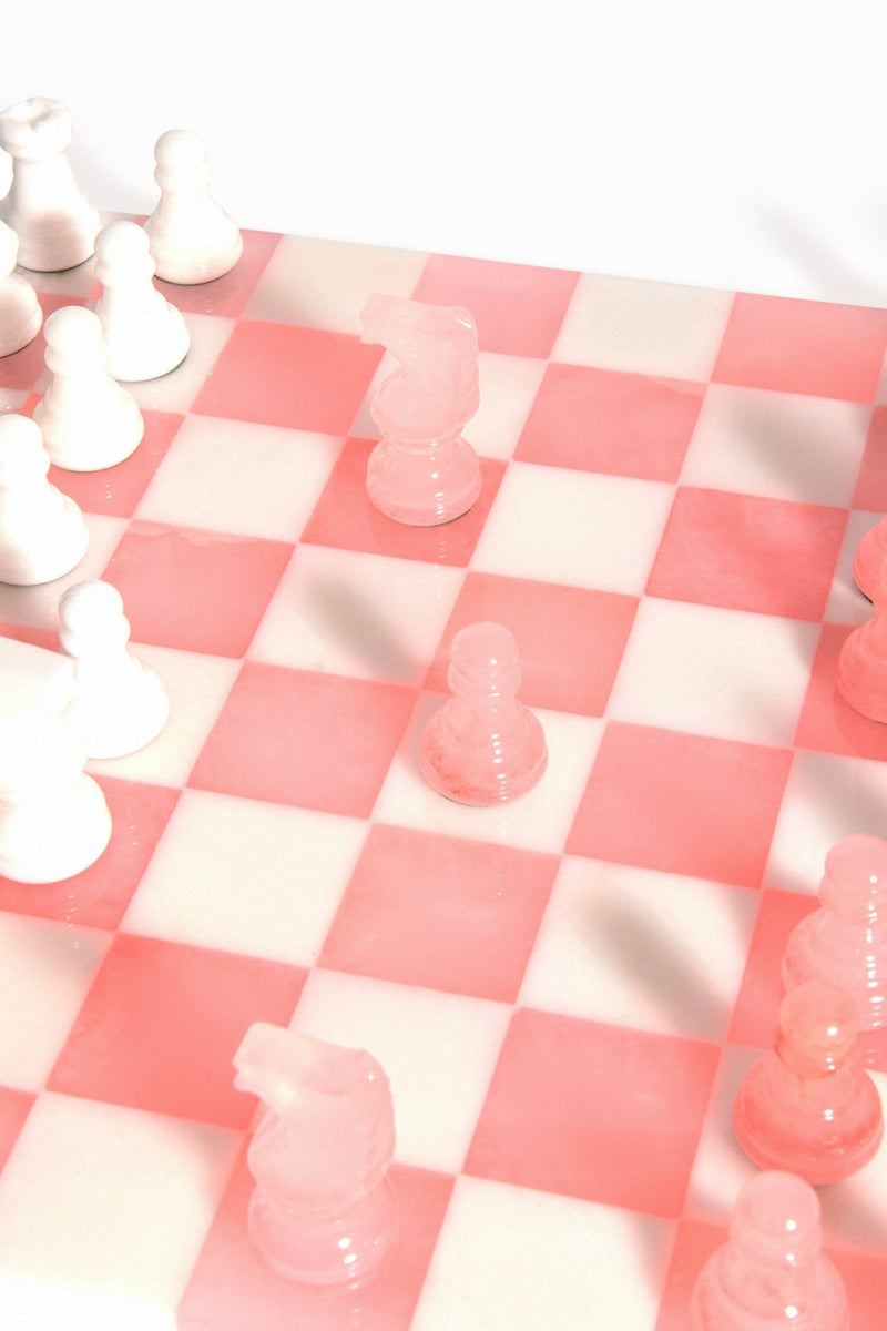 Rose Pink/White Italian Alabaster Large Chess Set