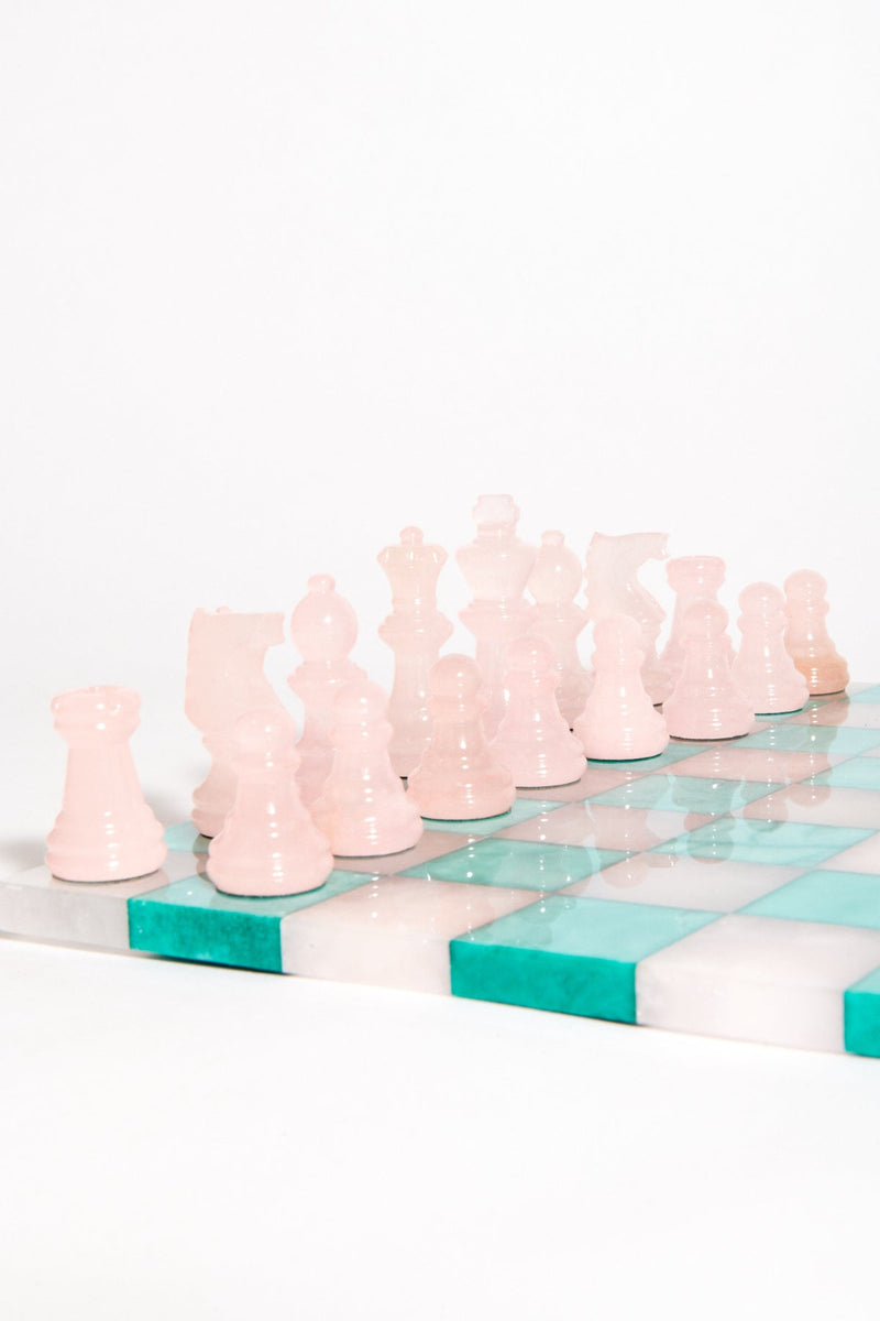 Italian Pale Pink/Malachite Green Large Alabaster Chess Set