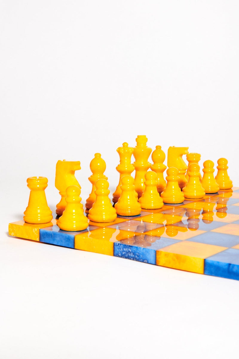 Italian Lapis Blue/Mustard Large Alabaster Chess Set