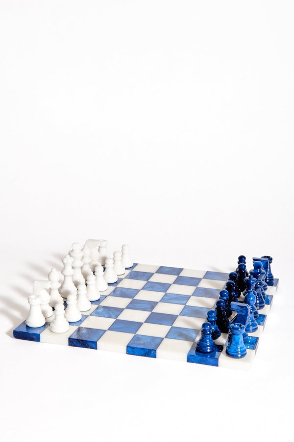 Italian Lapis Blue/White Large Alabaster Chess Set