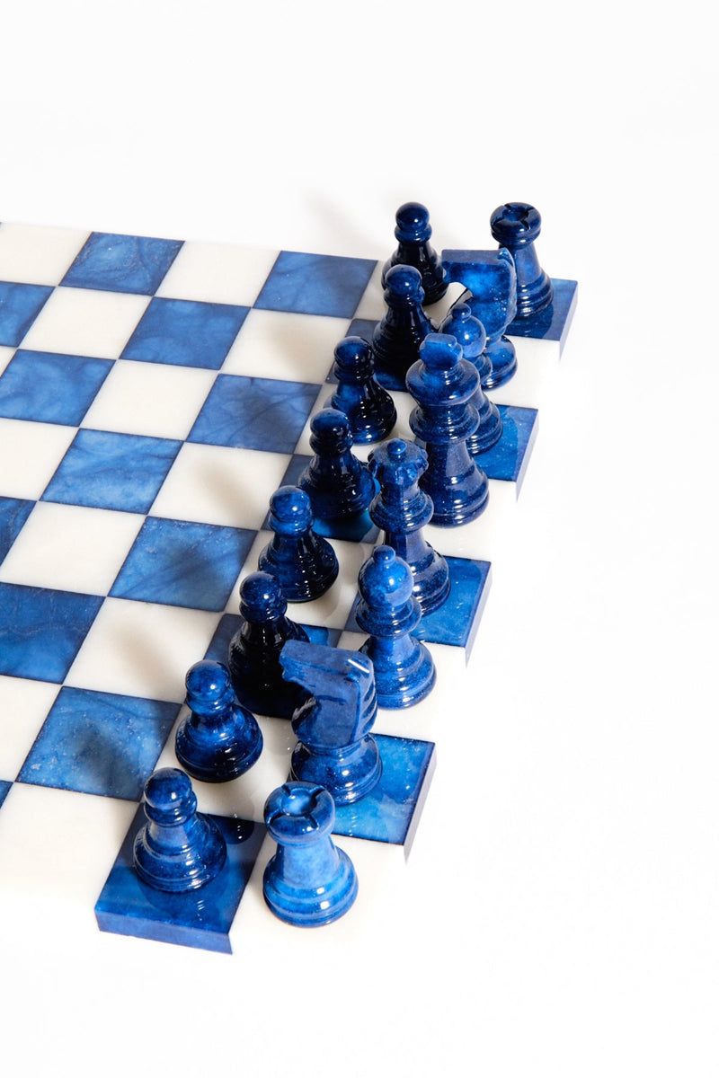 Italian Lapis Blue/White Large Alabaster Chess Set