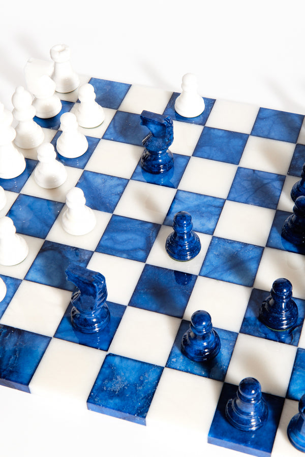 Lapis Blue/White Large Italian Alabaster Chess Set
