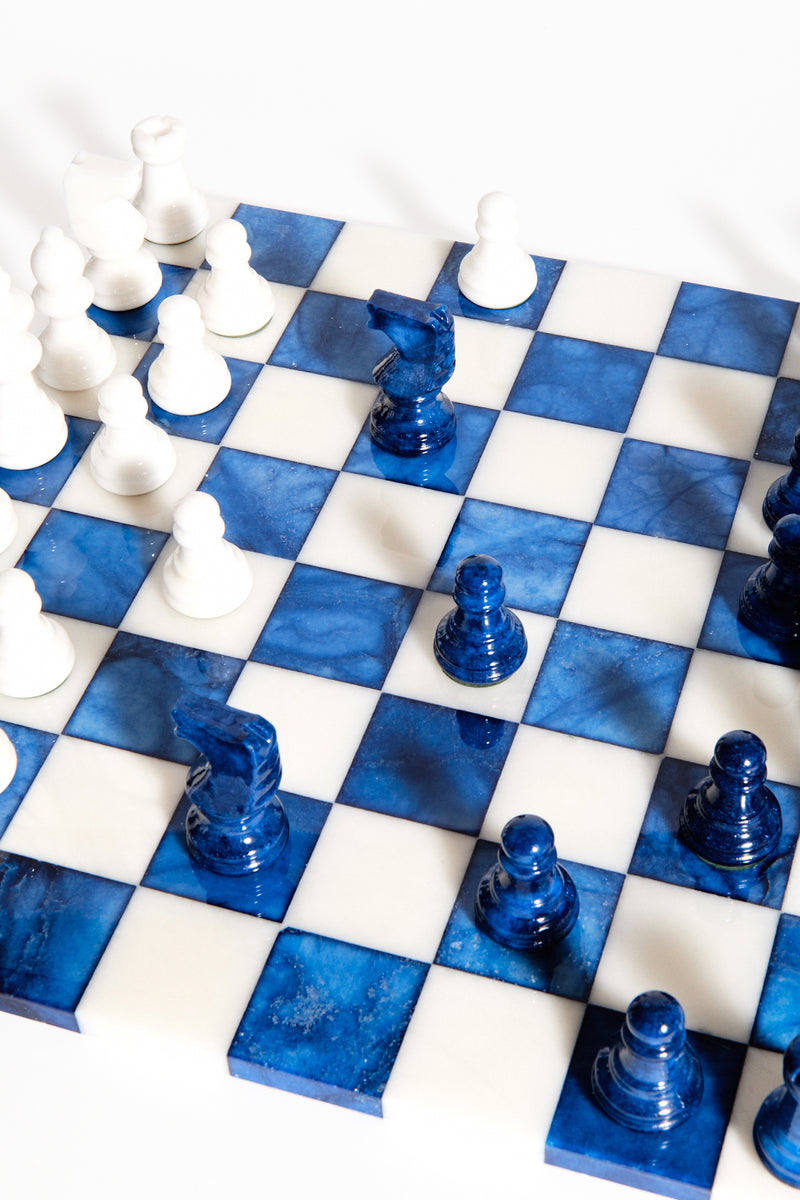 Lapis Blue/White Large Italian Alabaster Chess Set