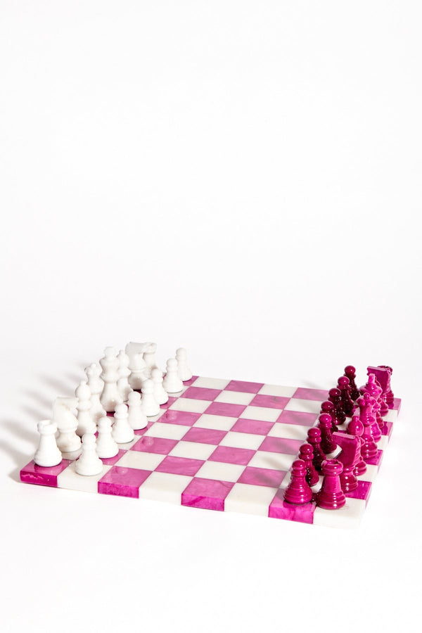 Magenta/White Large Italian Alabaster Chess Set