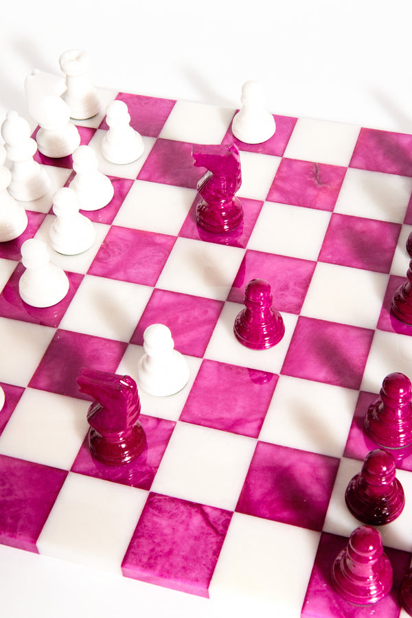 Magenta/White Large Italian Alabaster Chess Set