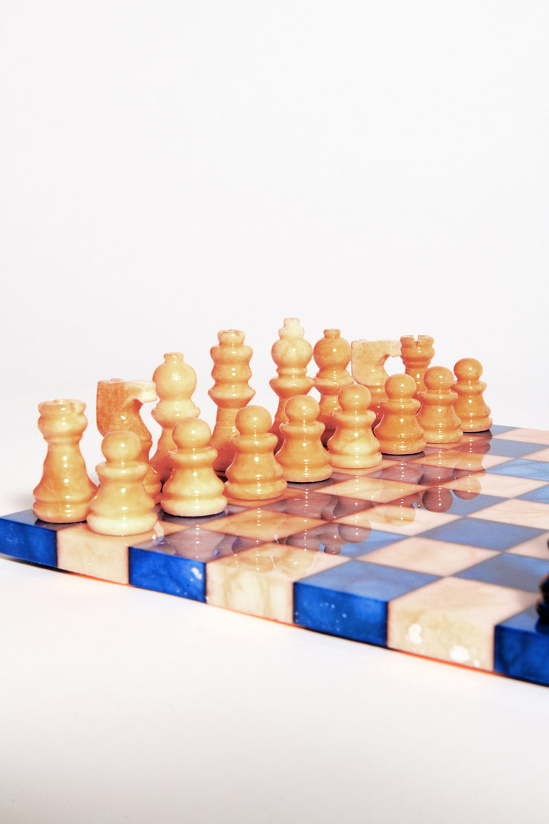 Italian Lapis Blue/Peach Small Alabaster Chess Set