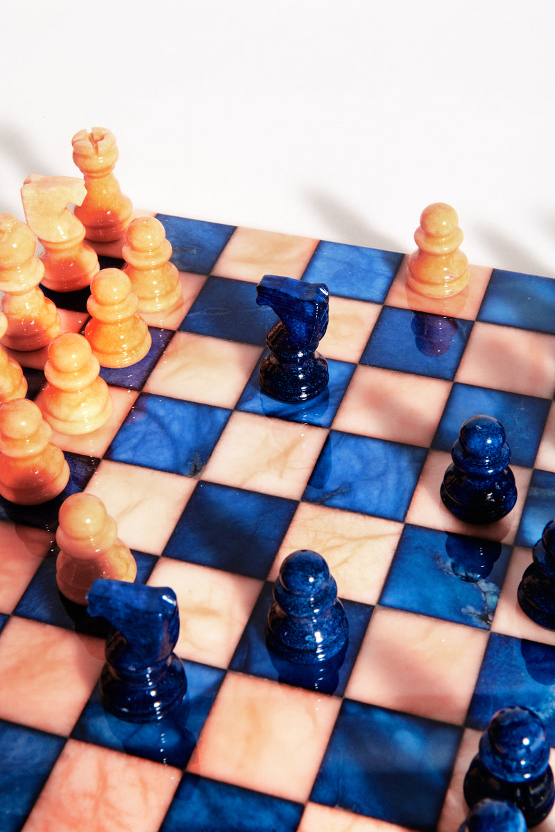 Italian Lapis Blue/Peach Small Alabaster Chess Set