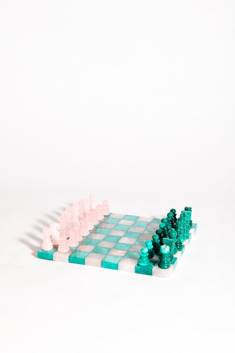Italian Pale Pink/Malachite Green Small Alabaster Chess Set
