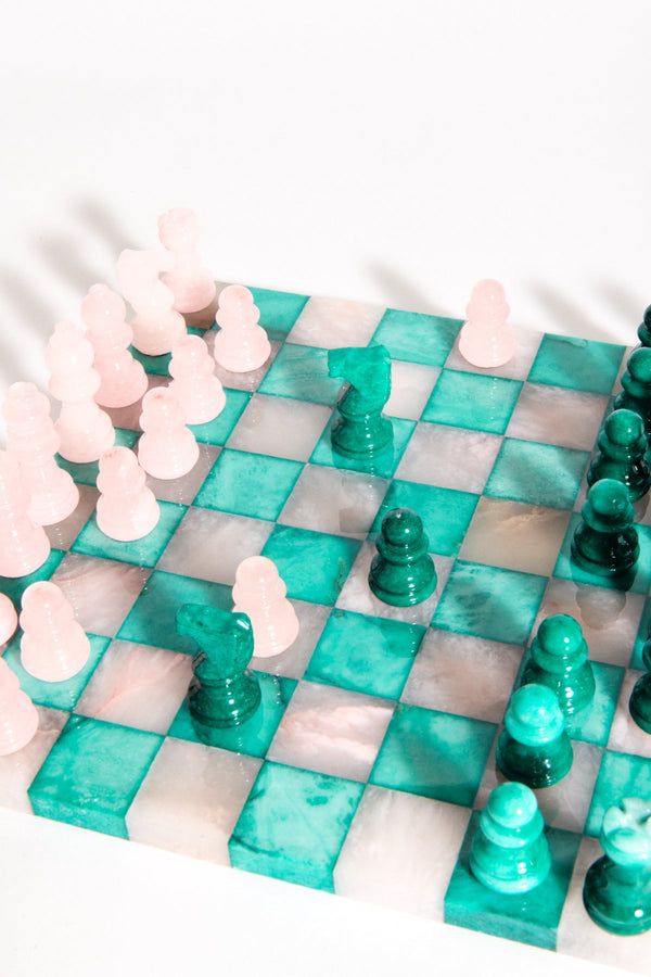 Italian Pale Pink/Malachite Green Small Alabaster Chess Set