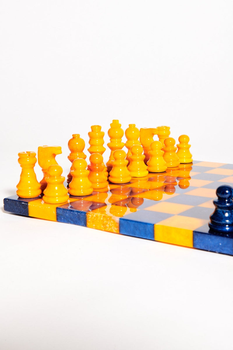 Italian Lapis Blue/Mustard Small Alabaster Chess Set