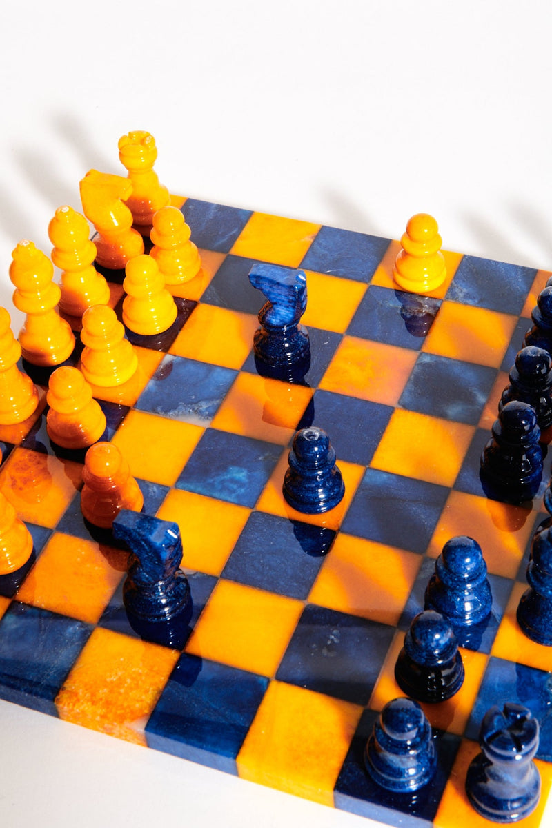 Italian Lapis Blue/Mustard Small Alabaster Chess Set