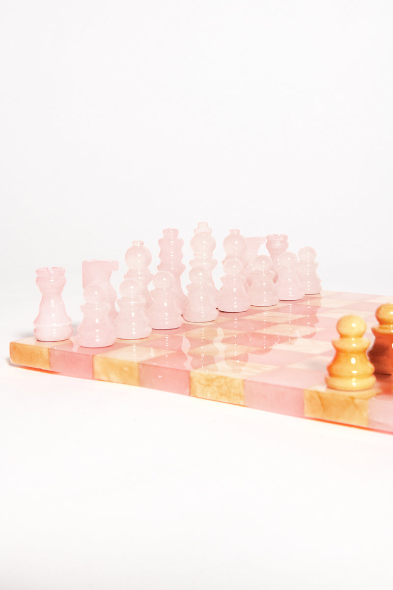 Italian Pale Pink/Peach Small Alabaster Chess Set