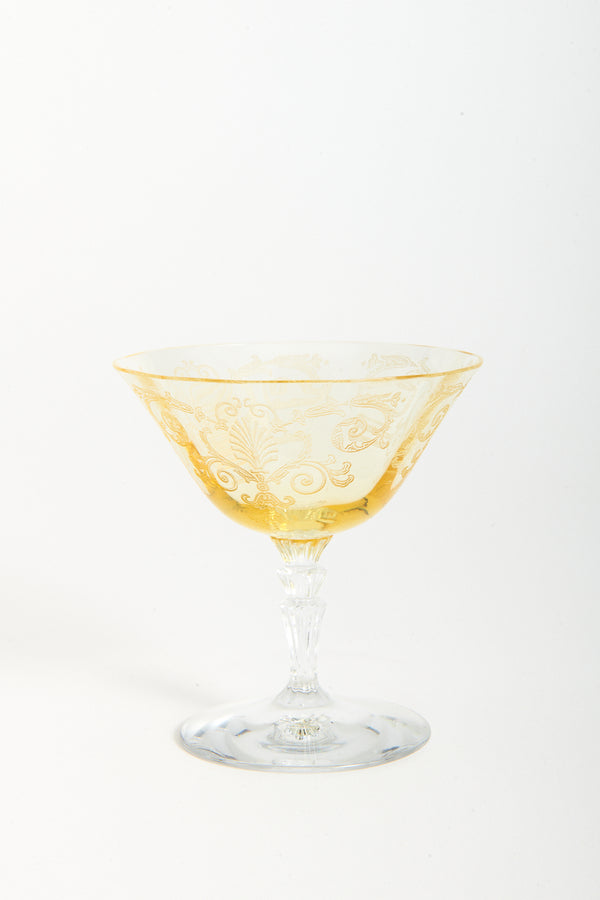 1930s Etched Topaz Low Waterfall Stem Cocktail Glass
