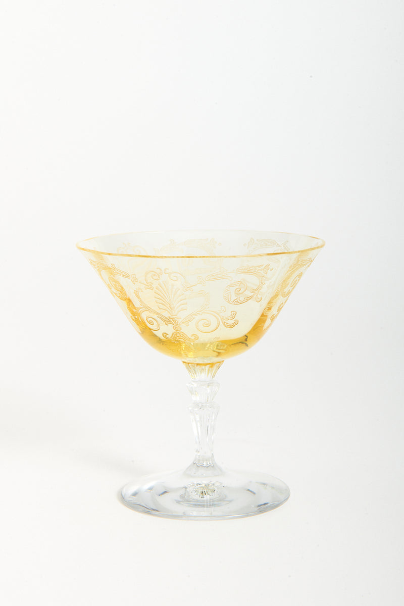 1930s Etched Topaz Low Waterfall Stem Cocktail Glass