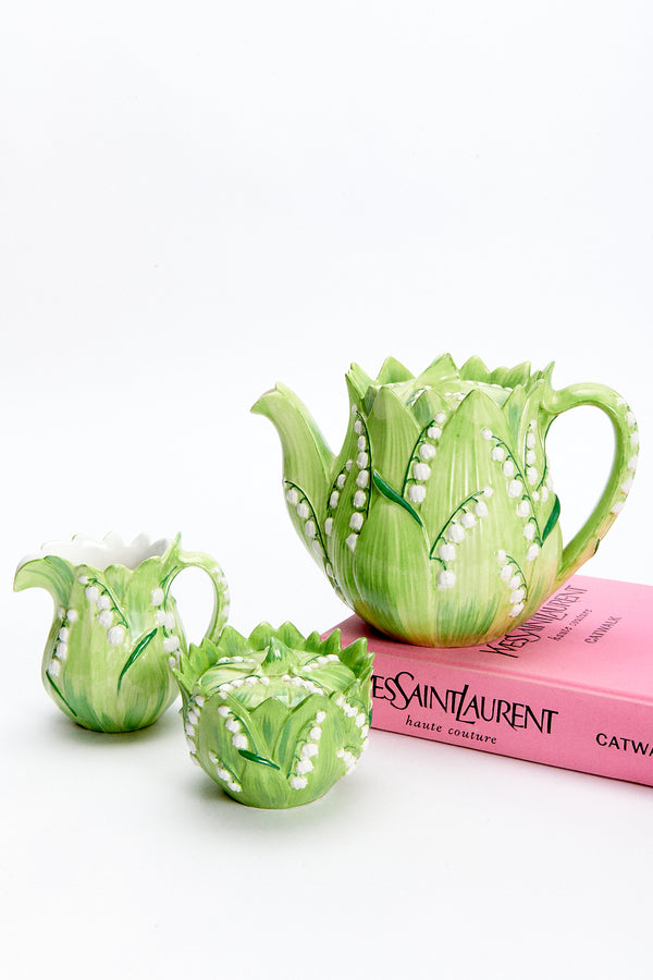 Lily of the Valley Ceramic Tea Set - Teapot, Creamer & Sugar Bowl
