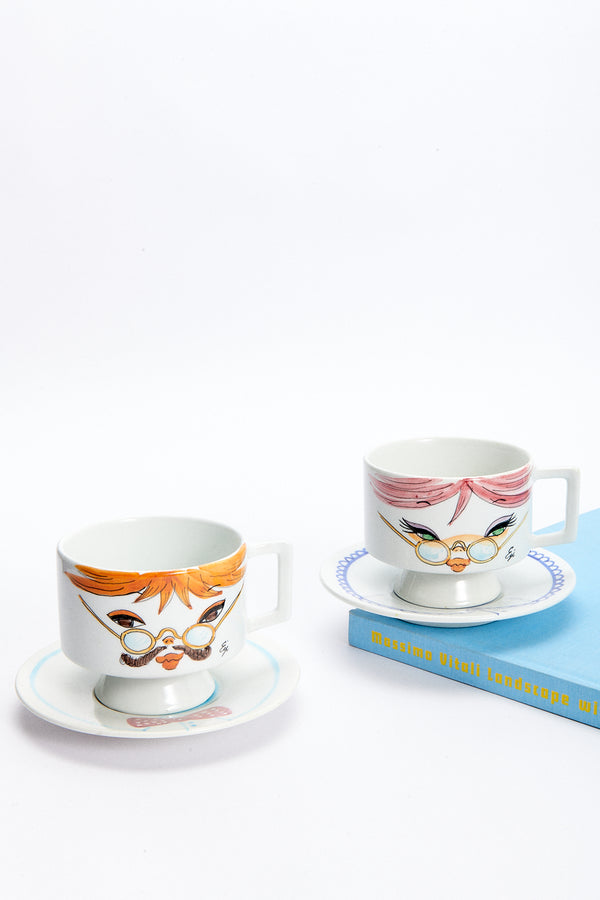 1970s Rare Italian His and Hers Ceramic Stacking Coffee Cup Set