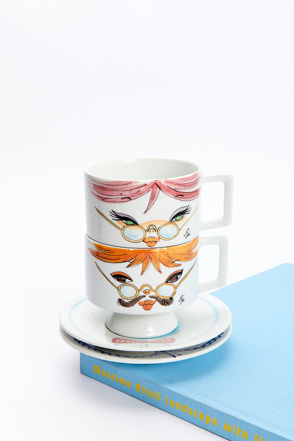 1970s Rare Italian His and Hers Ceramic Stacking Coffee Cup Set