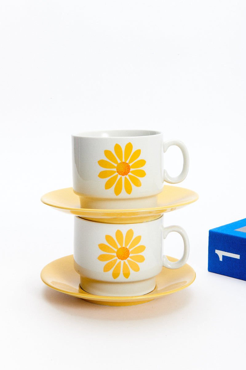 1960s Yellow Sunflower Coffee Cup & Saucer Set of Two