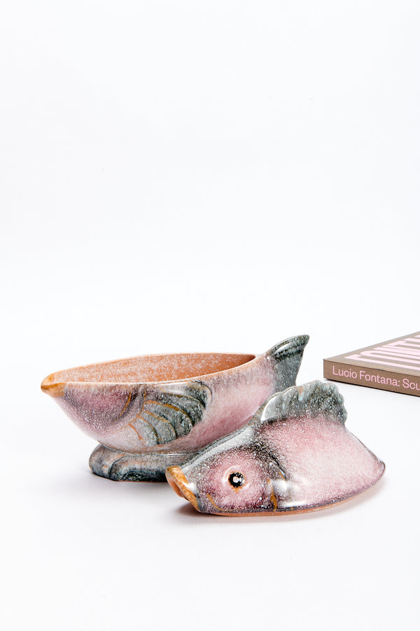 Italian Hand Painted Ceramic Fish Gravy Boat with Spoon