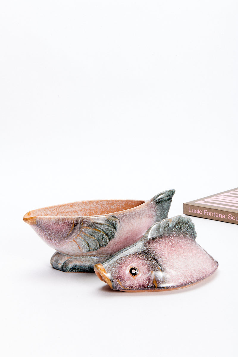 Italian Hand Painted Ceramic Fish Gravy Boat with Spoon