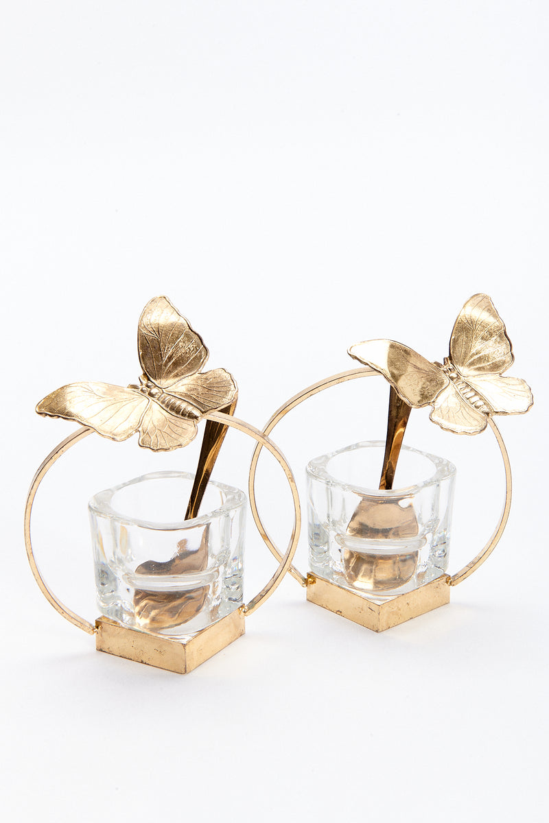 1970s Italian Gold Tone Brass Butterfly/Glass Condiment Set