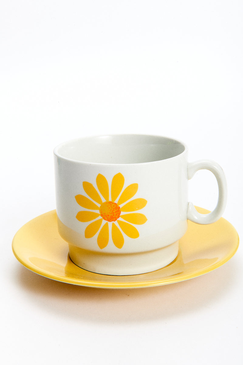 1960s Yellow Sunflower Coffee Cup & Saucer Set of Two