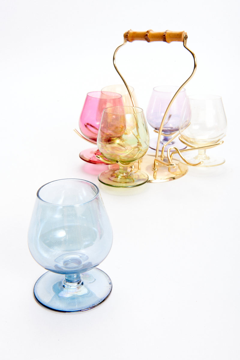 Rainbow Iridescent Six Balloon Glass Set with Round Bamboo Carrier
