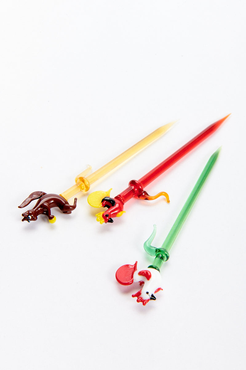 1950s Hand Blown Glass Rooster & Squirrel Cocktail Pick Set of Seven