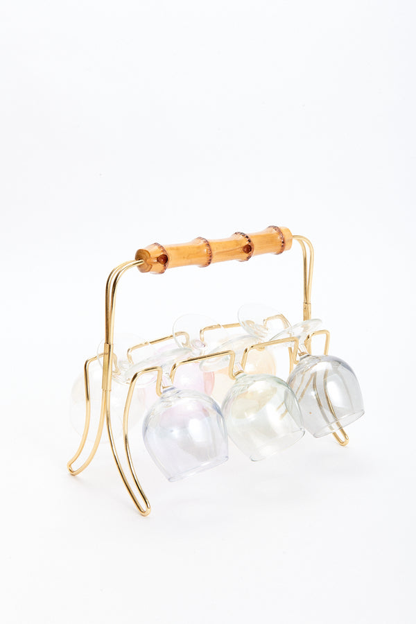 Rainbow Iridescent Balloon Glasses Set with Square Brass & Bamboo Carrier
