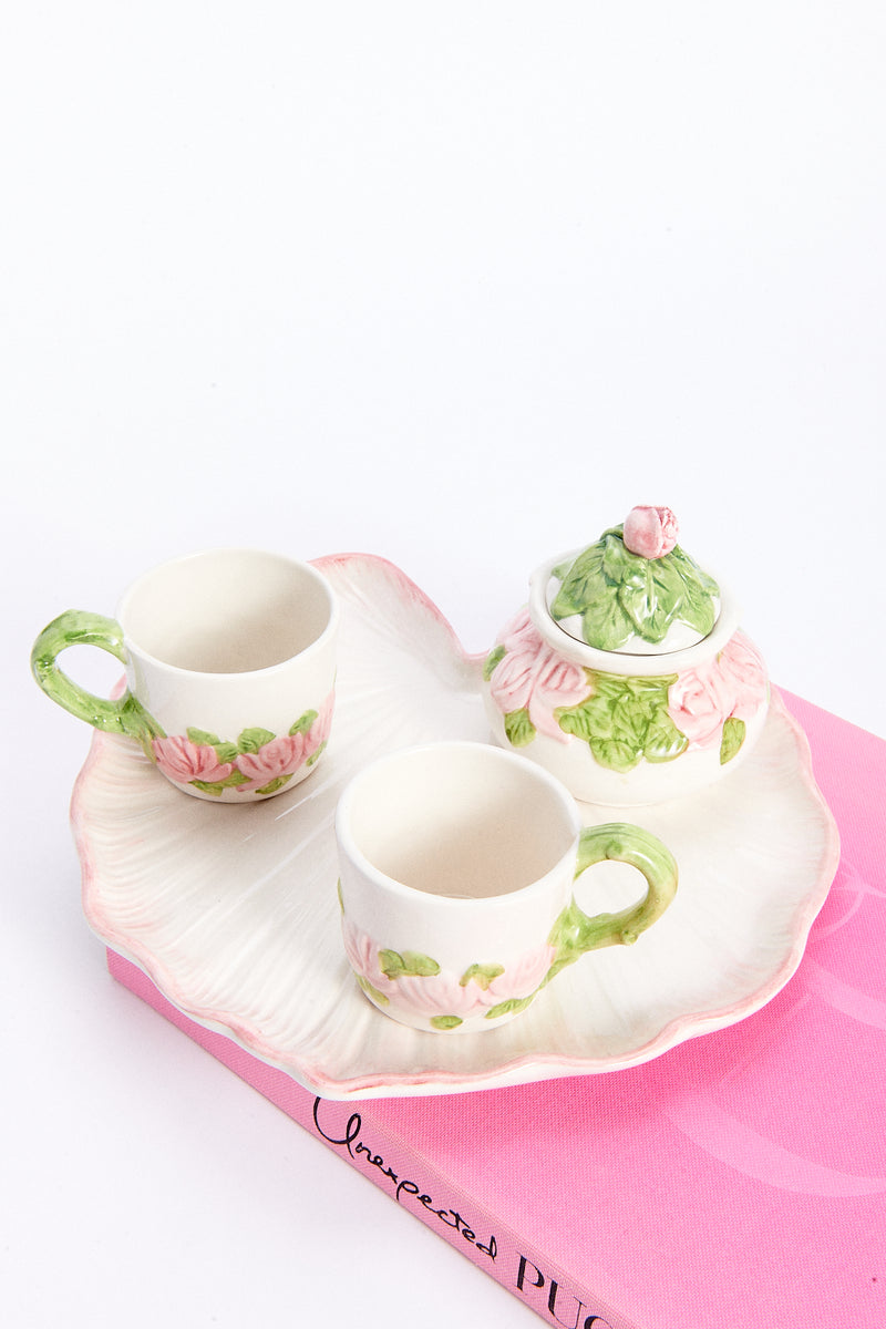 Italian Hand Crafted Ceramic Rose & Leaf Coffee Set