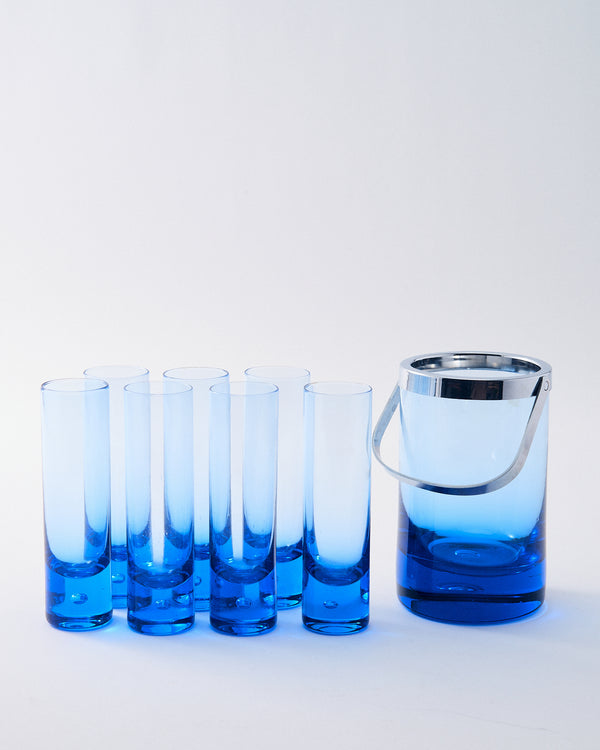 1970s Italian Capri Blue Tall Glass & Ice Bucket Set of Eight Pieces