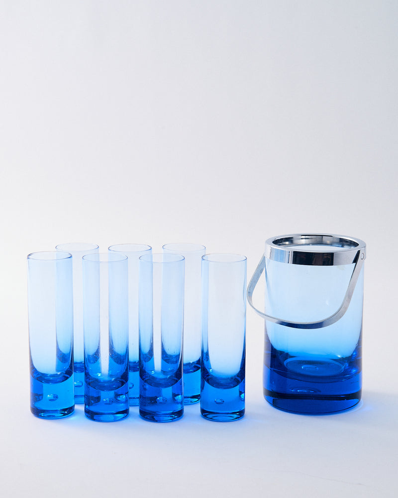 1970s Italian Capri Blue Tall Glass & Ice Bucket Set of Eight Pieces