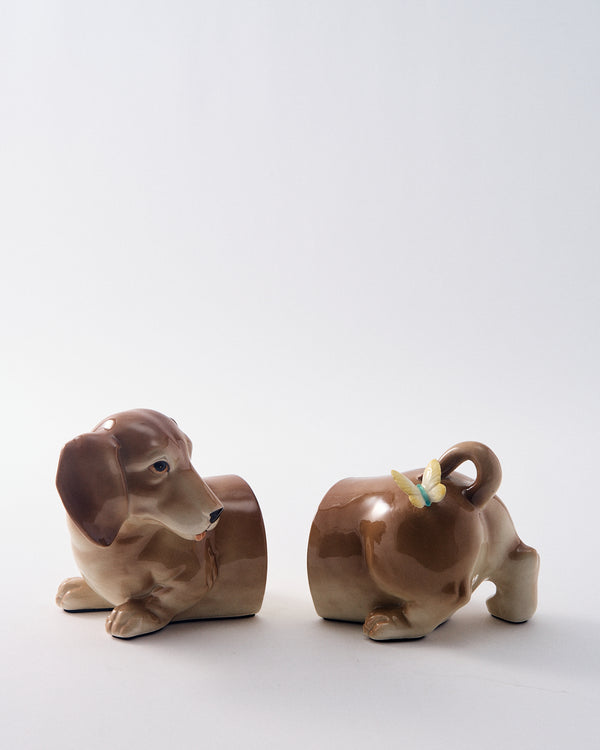 1980s Hand Painted Ceramic Dachshund Book End Set