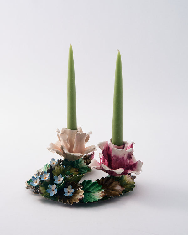 1950s Capodimonte Italian Hand-painted Rose Candle Holder