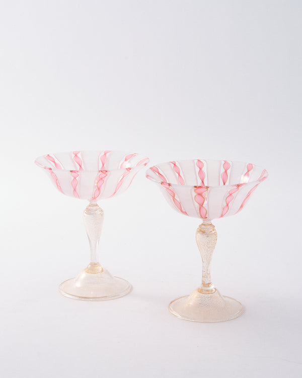 1950s Murano Pink & White Latticino Coupe Set of Two