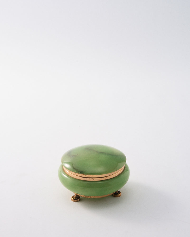 Italian Mint Green Alabaster Jewelry Pot with Brass Feet