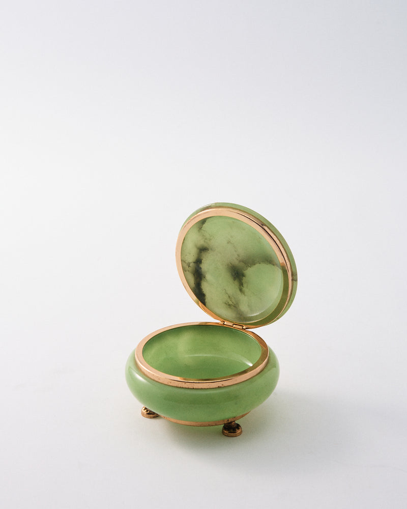 Italian Mint Green Alabaster Jewelry Pot with Brass Feet